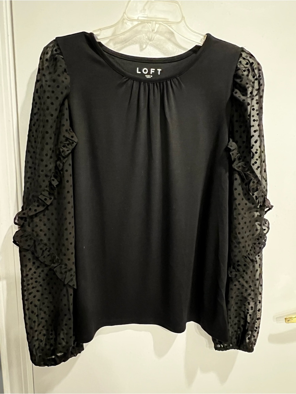 LOFT Black Sheer Dot Ruffle-Sleeve Blouse -Size M